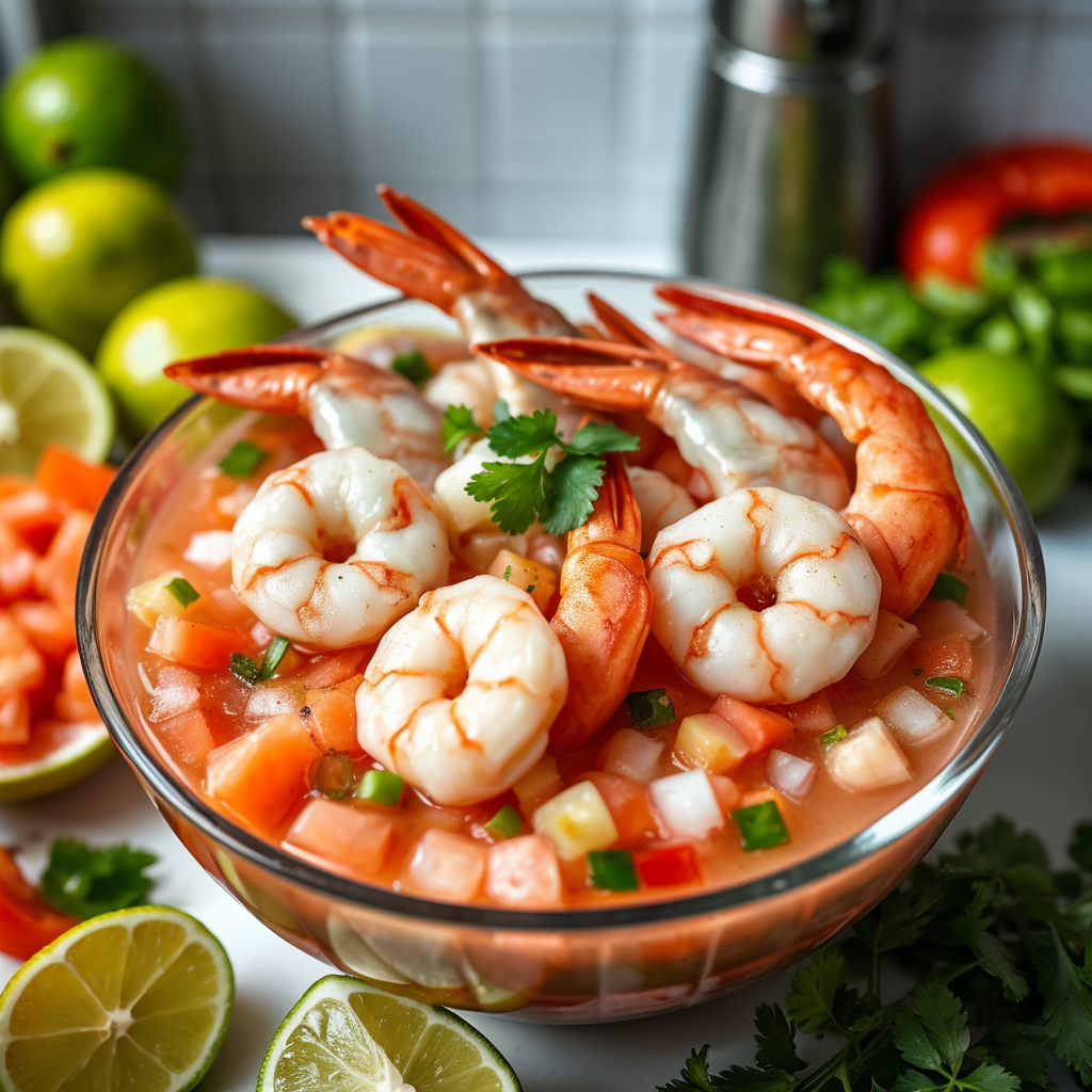 Shrimp turning pink in citrus ceviche Small