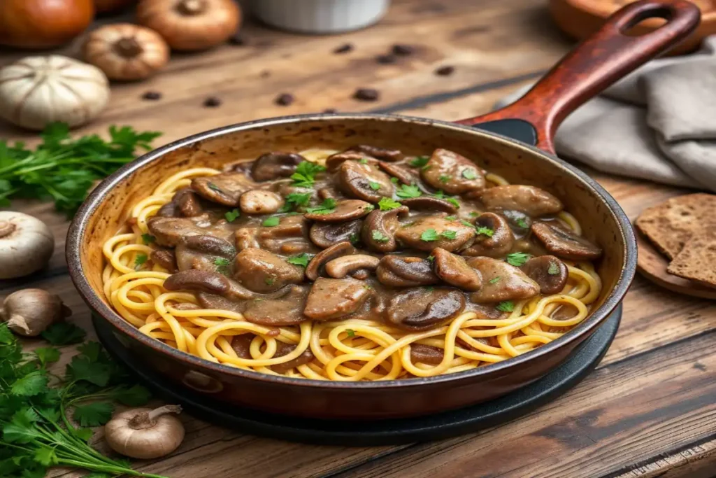 Ina Garten Beef Stroganoff served in a bowl with noodles, garnished with fresh herbs