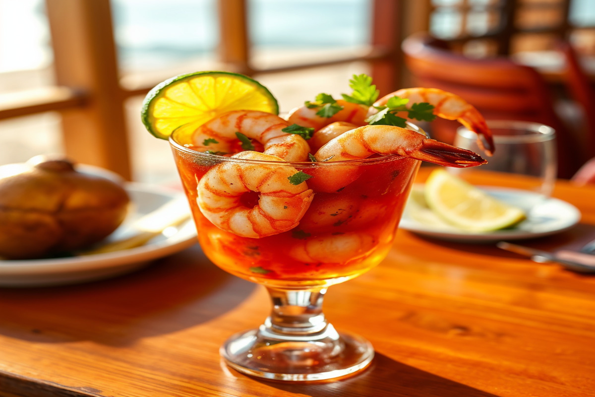 Cartagena shrimp cocktail recipe with pink shrimp, tomato sauce, cilantro, and lime in a chilled glass by the beach