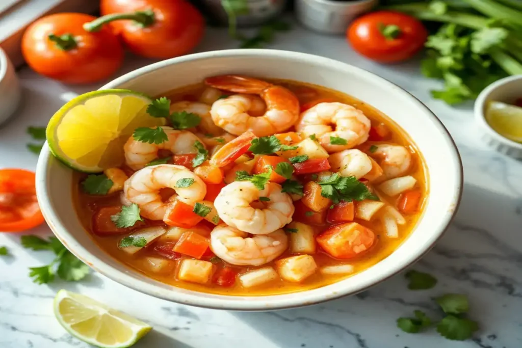 A bowl of Colombian shrimp ceviche garnished with fresh cilantro and lime.