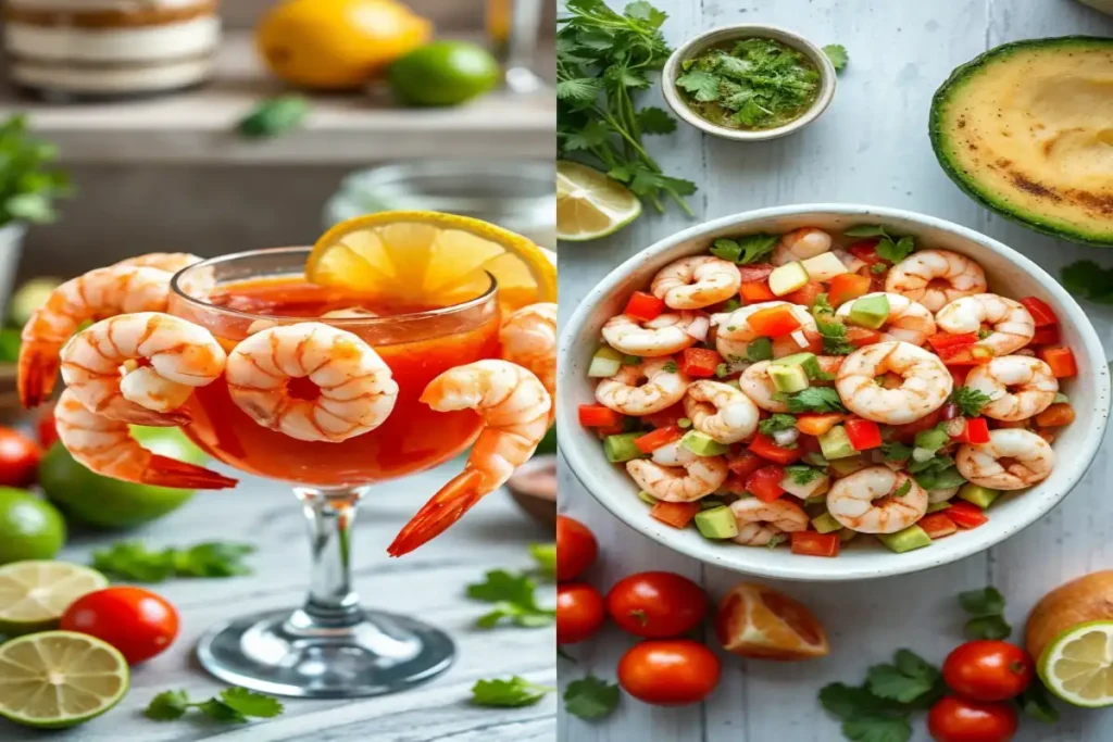 Shrimp cocktail and shrimp ceviche displayed side by side with fresh ingredients.