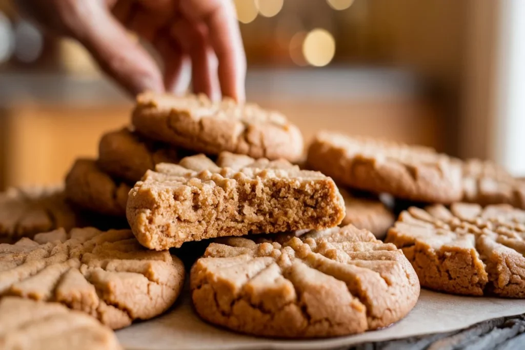 A batch of freshly baked 4 ingredient peanut butter cookies on a rustic wooden surface.