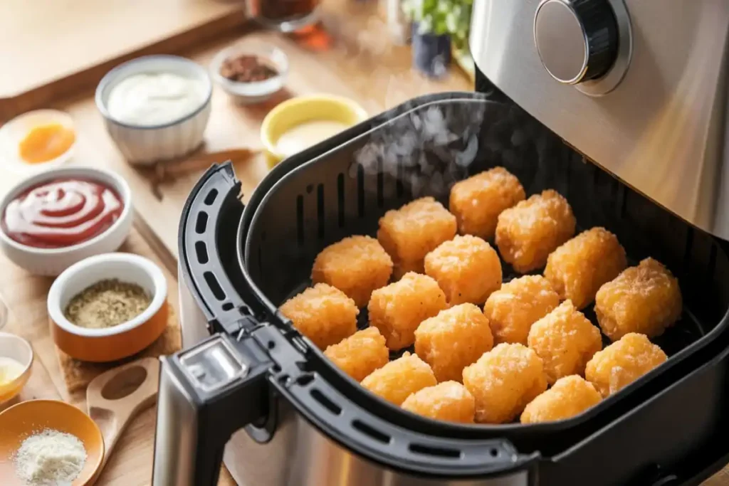 Crispy air fryer tater tots with dipping sauces.