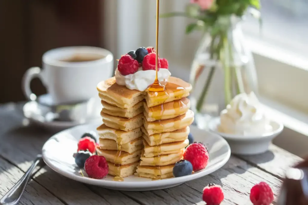 A stack of mini pancakes with syrup and fresh berries.