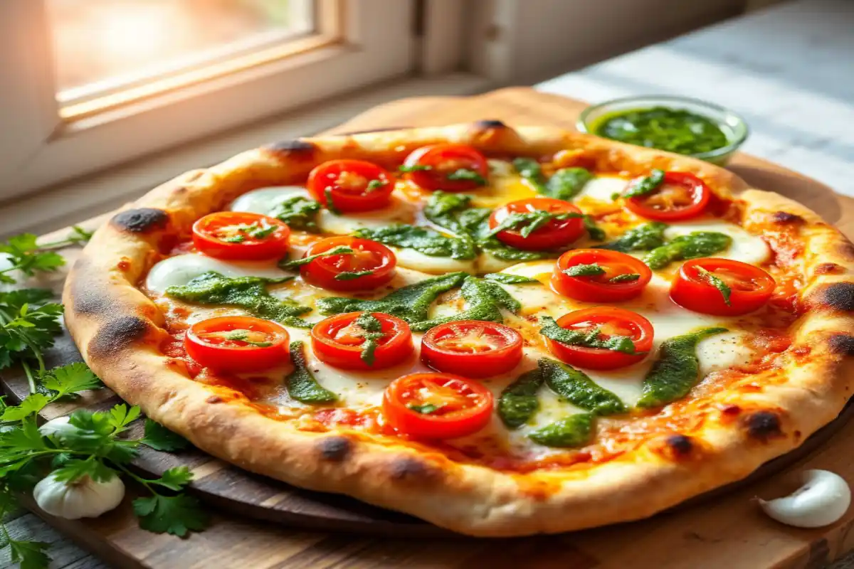 Freshly baked sweet tomatoes chimichurri pizza with vibrant toppings and golden crust on a rustic wooden board.