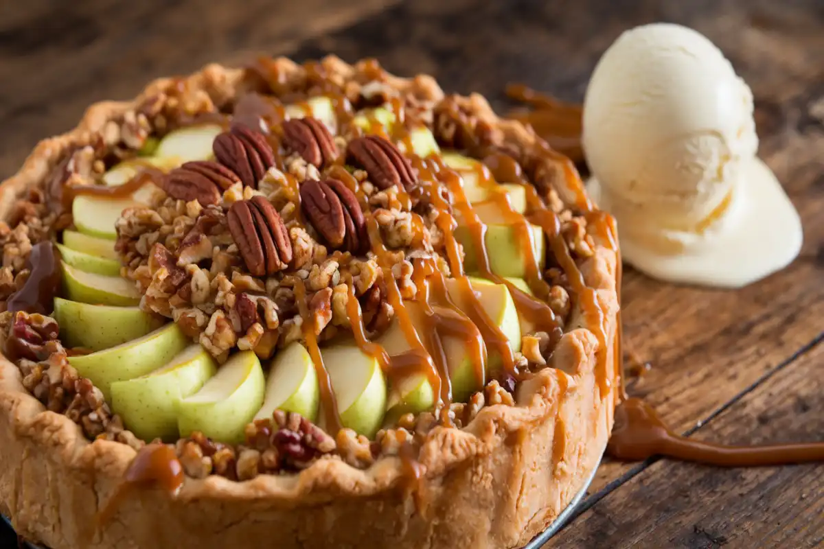 A freshly baked apple pie with caramel drizzle and a golden crumb topping, served with a scoop of vanilla ice cream.