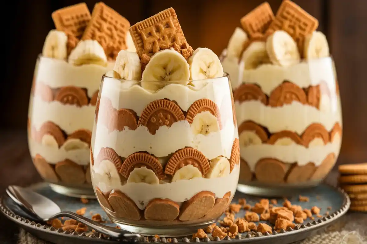 A close-up of banana pudding layered with alternative cookies like shortbread, Biscoff, and graham crackers.