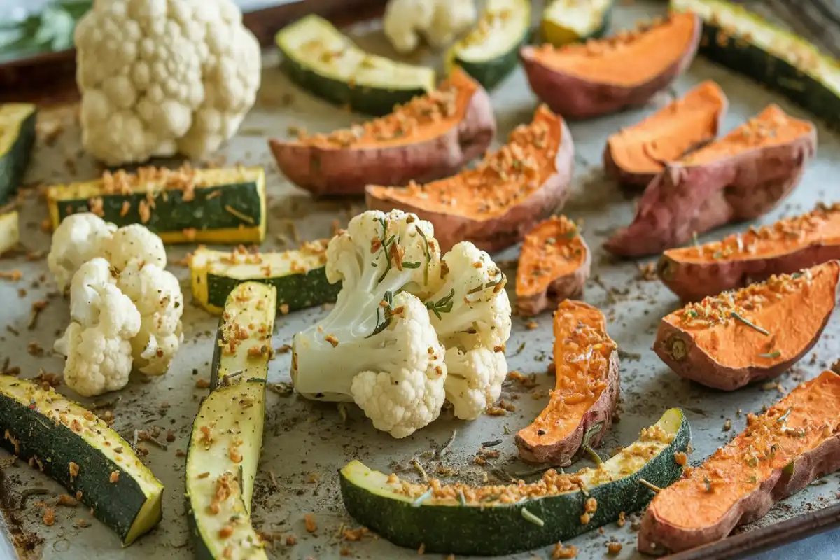 Crispy vegetables coated with Shake 'N Bake seasoning on a baking sheet.