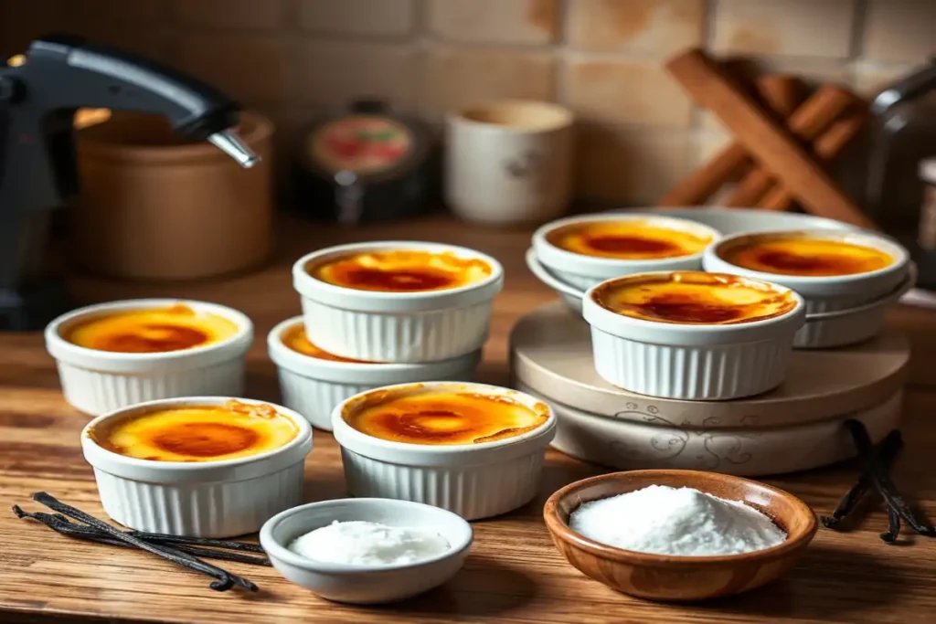 Store-bought custard and crème brûlée preparation with caramelized sugar topping.