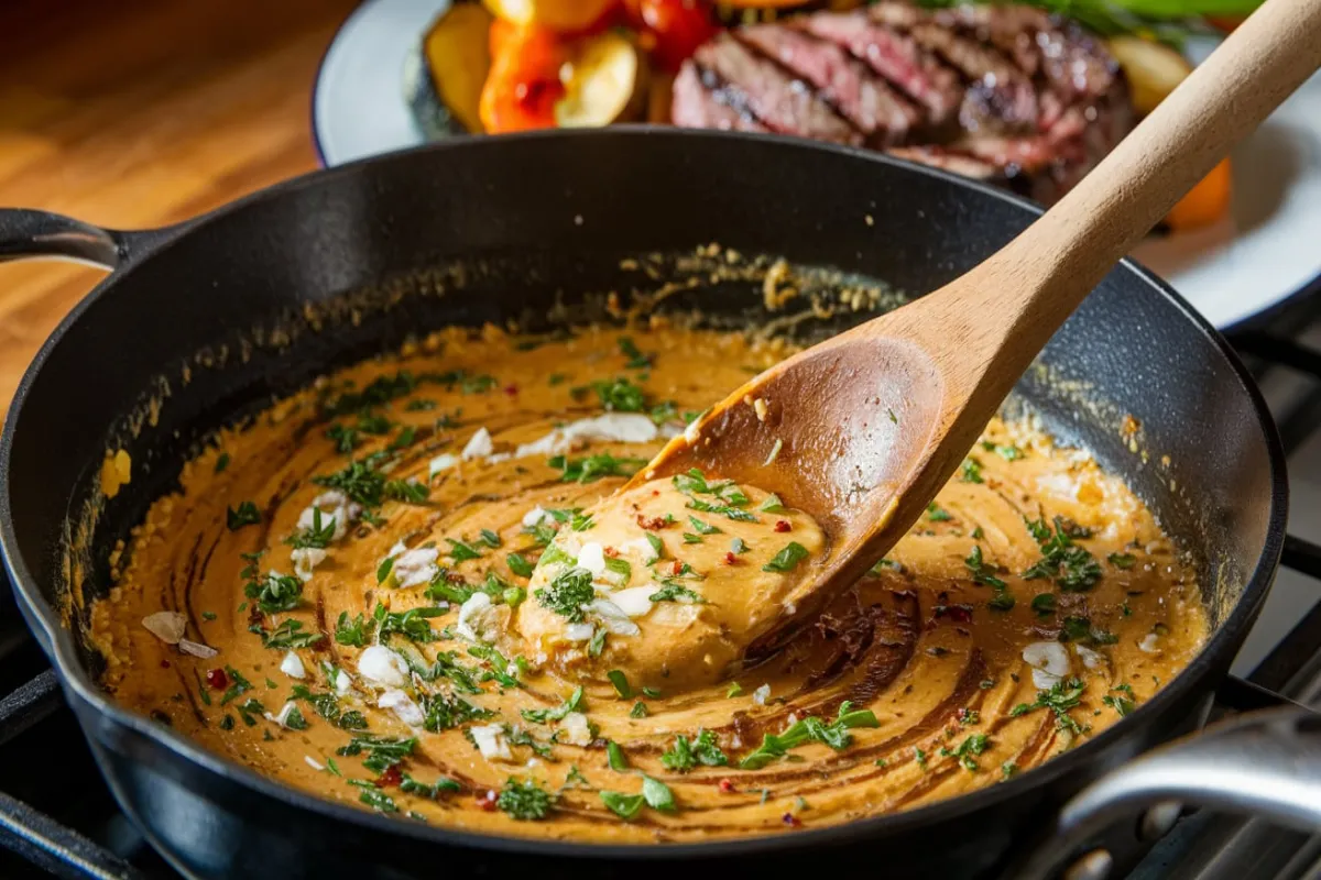 Close-up of melted cowboy butter with garlic and herbs in a skillet.