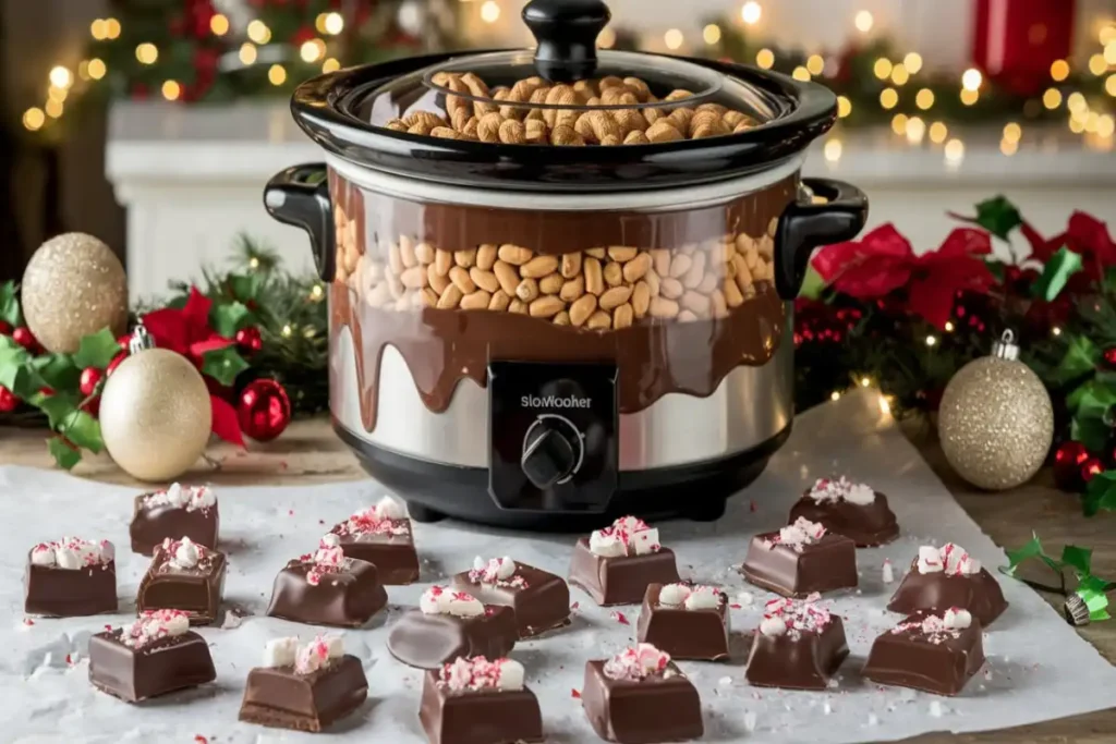 Festive Crockpot Christmas Crack candy pieces topped with peppermint and sea salt, laid out on wax paper in a holiday-themed kitchen.