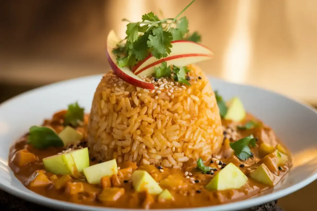 A vibrant plate of Curry Apple and Deep-Fried Rice topped with cilantro and apple slices, showcasing a blend of sweet, spicy, and crunchy textures.