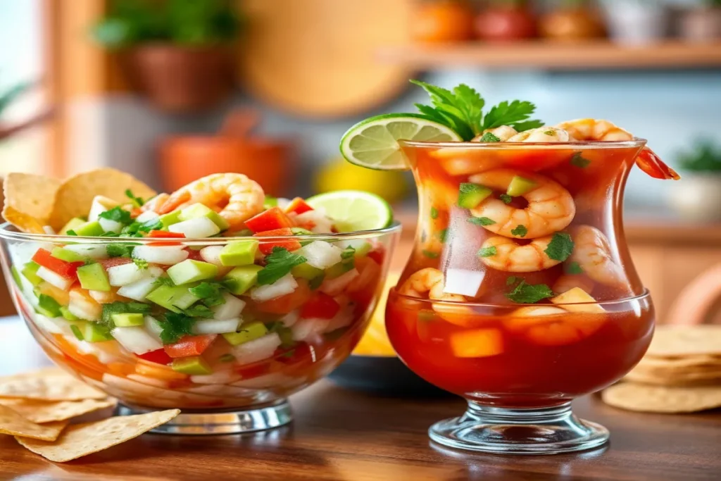 A bowl of ceviche with lime slices and cilantro next to a glass of coctel de camaron garnished with avocado and tortilla chips.