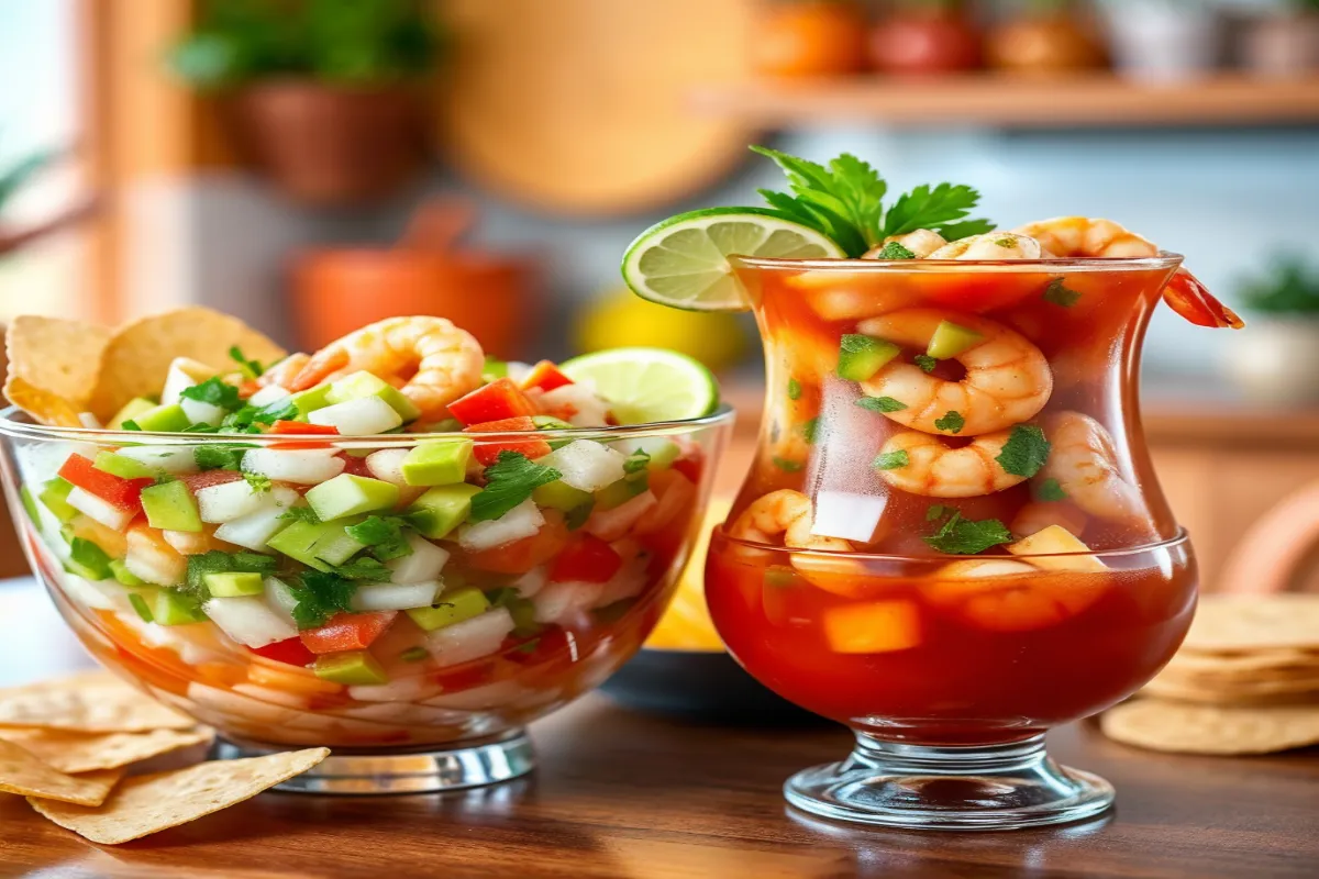 A bowl of ceviche with lime slices and cilantro next to a glass of coctel de camaron garnished with avocado and tortilla chips.