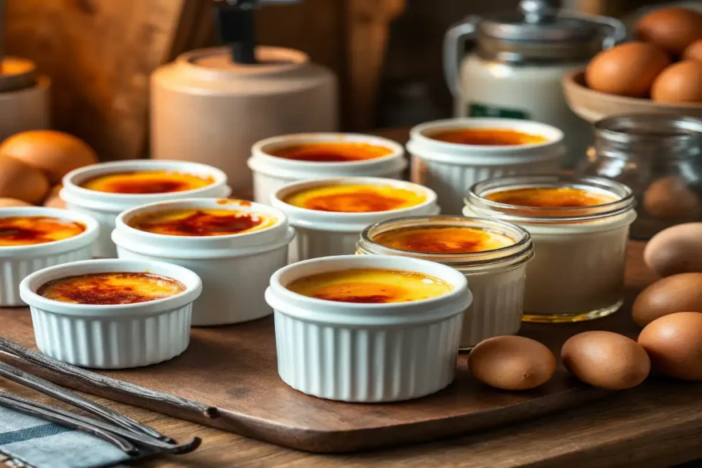 Alternative containers for crème brûlée including ramekins, mason jars, tea cups, and shallow bowls.