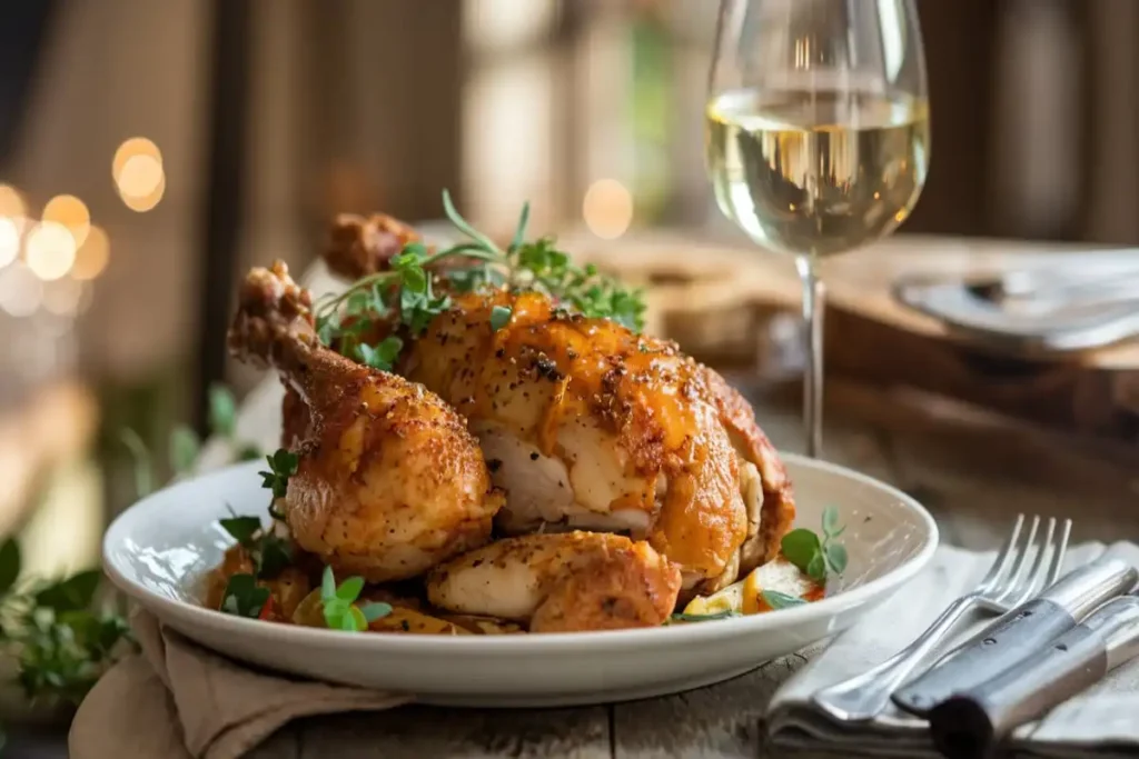 french Devil Chicken served with a spicy mustard glaze and fresh herbs.