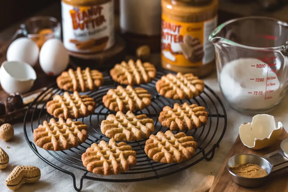 Freshly baked peanut butter cookies with a criss-cross pattern on a cooling rack.