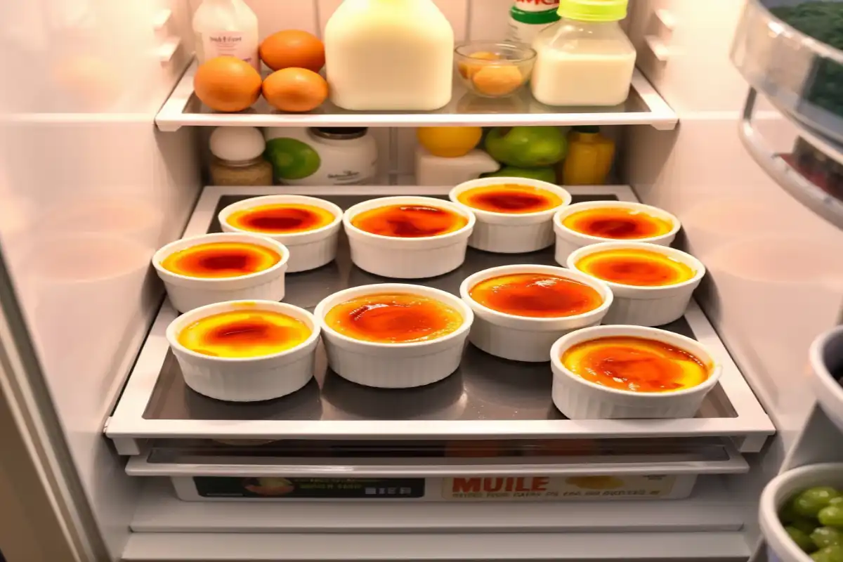 Crème brûlée custard setting in the fridge