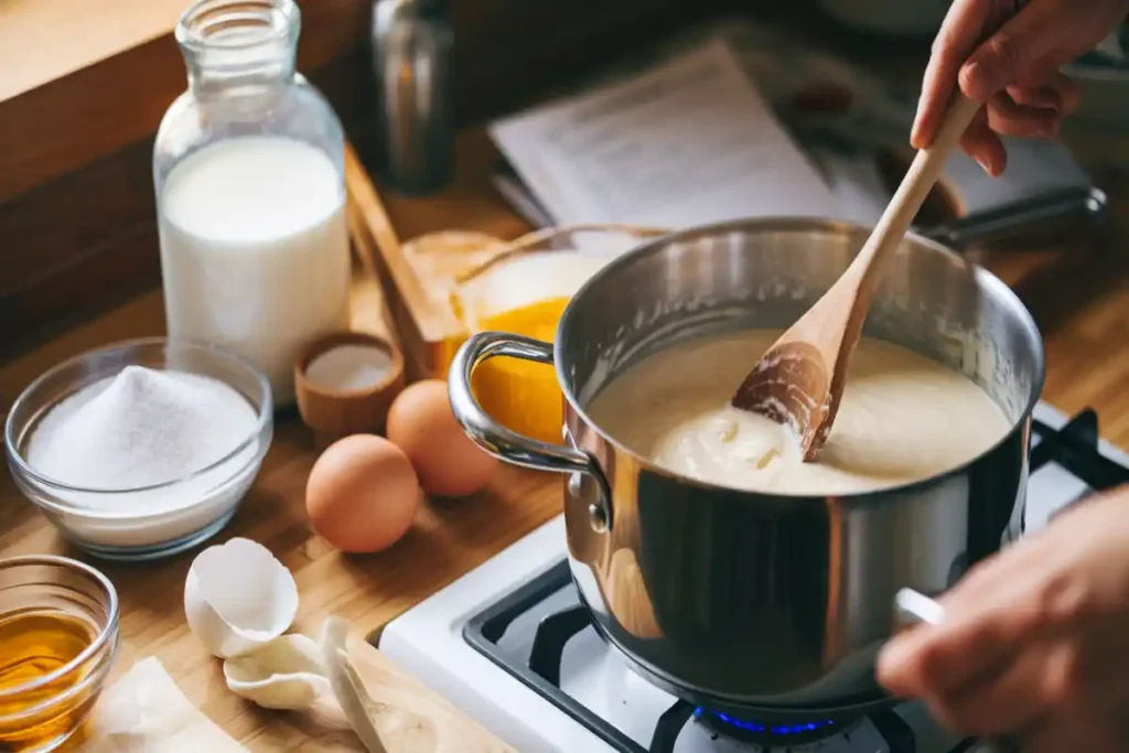 A person making pudding from scratch with milk, sugar, and cornstarch on a kitchen counter.