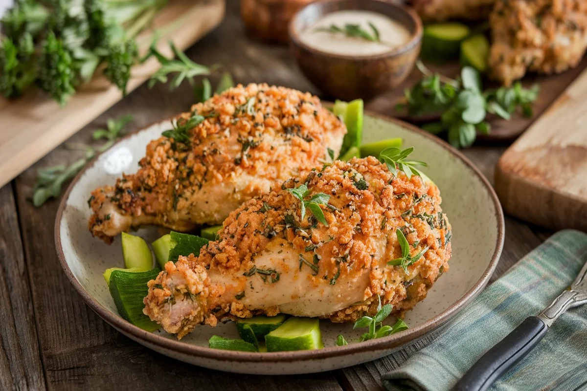 Low carb Shake and Bake chicken with golden, crispy coating and fresh herbs.