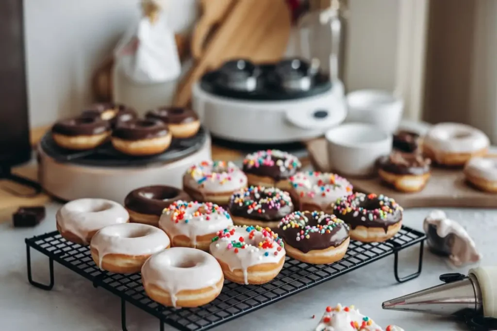 A variety of freshly made mini donuts with glaze, cinnamon sugar, and chocolate coatings on a cooling rack in a cozy kitchen setting.