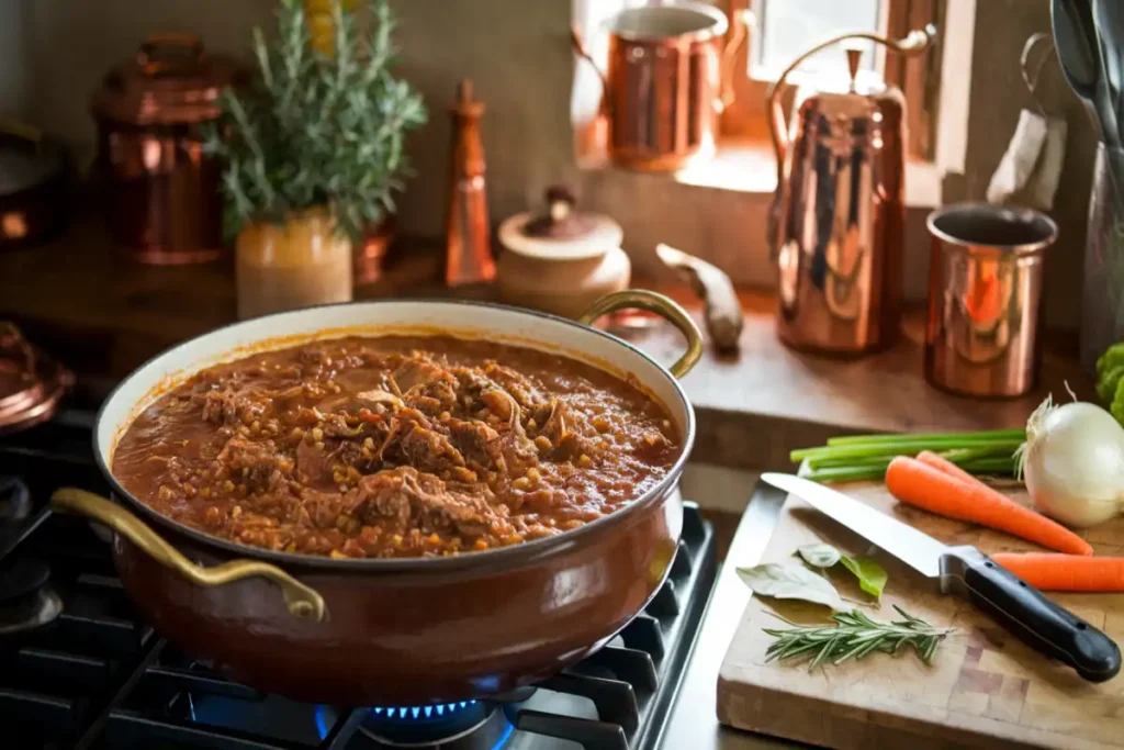 A pot of ragu with game meat simmering in a rustic Italian kitchen with herbs and vegetables.