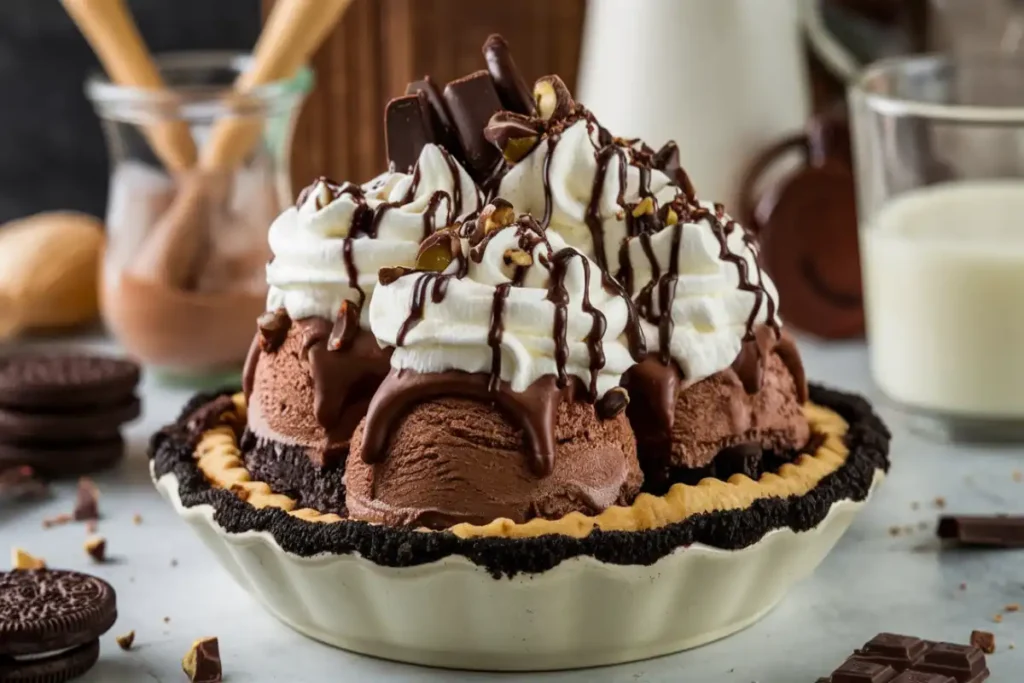 Homemade Red Robin Mud Pie with Oreo crust, chocolate ice cream, fudge swirls, whipped cream, and chocolate shavings.