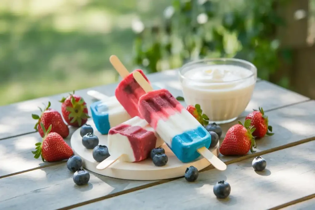 Red, white, and blue popsicles on a wooden table with fresh strawberries and blueberries.