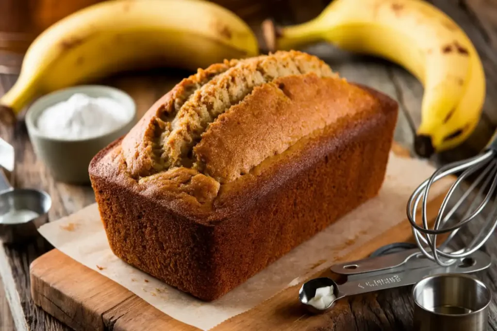 Banana bread made with baking soda substitute, showing fluffy texture and golden crust.