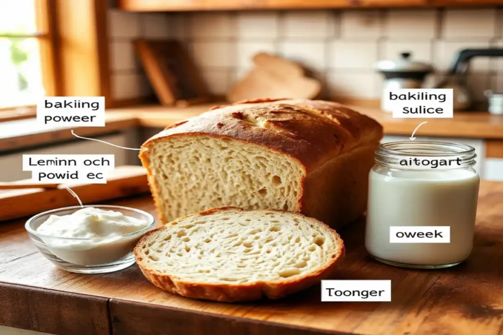 Various baking soda substitutes on a kitchen counter with a loaf of bread and mixing bowl.