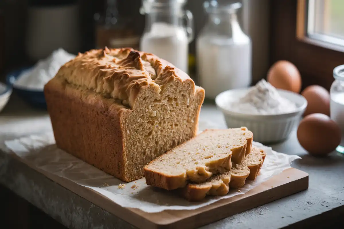 Loaf of bread without baking soda showing dense texture, with baking substitutes like baking powder and eggs.