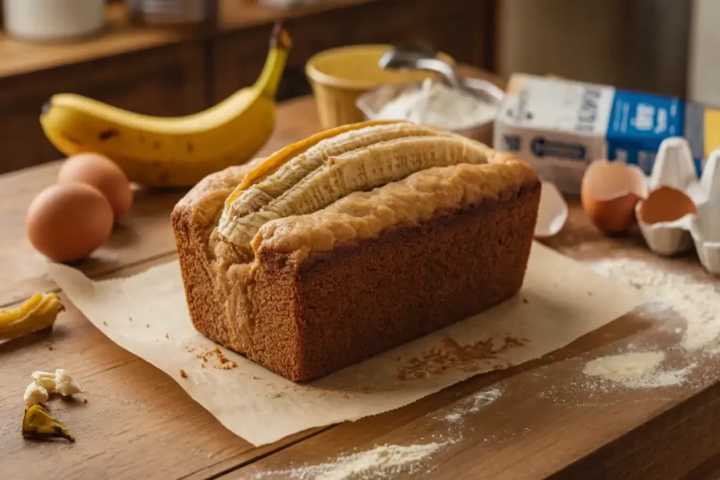 Dense banana bread without baking soda on a wooden counter with scattered ingredients.