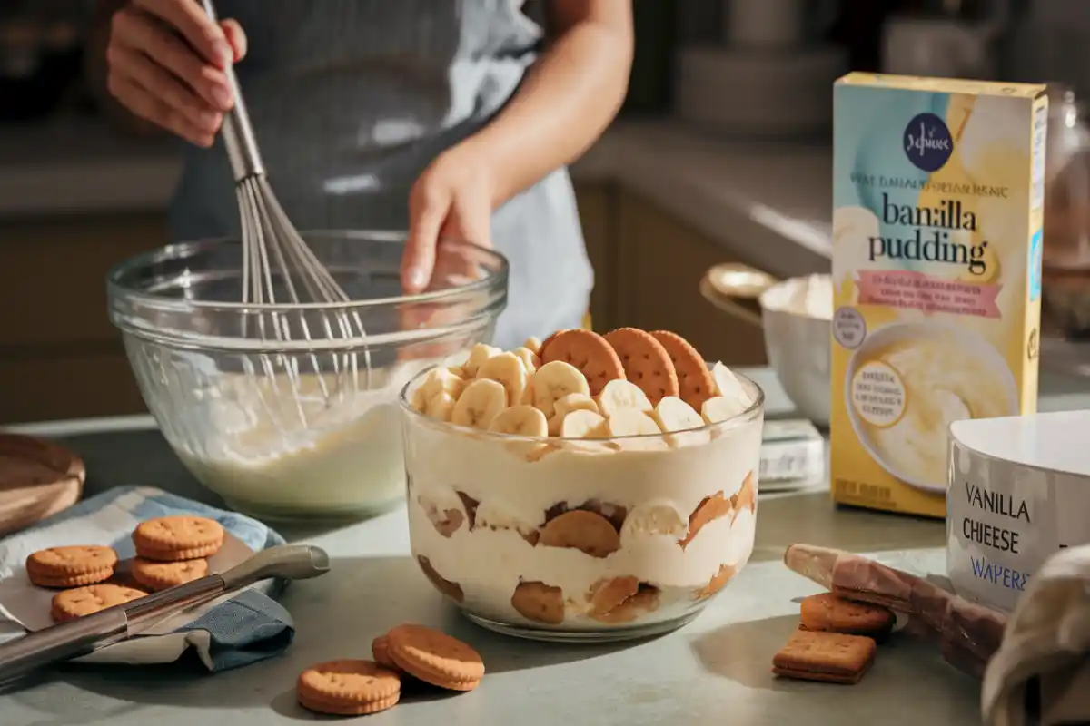 Ingredients for Patti LaBelle’s banana pudding on a kitchen counter, including pudding mix, bananas, and vanilla wafers.