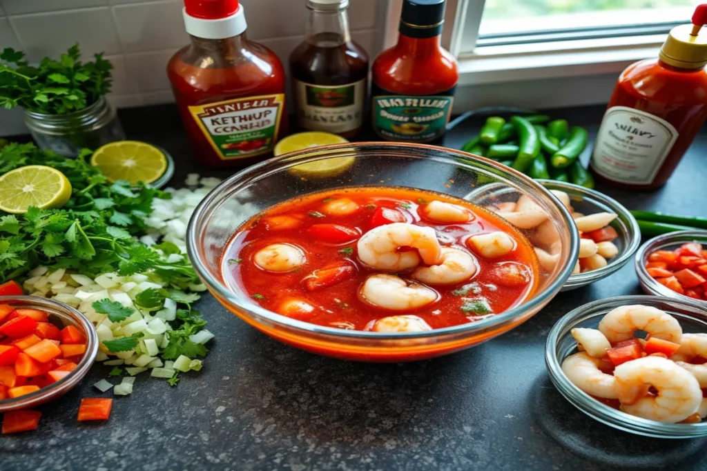 Ingredients for shrimp cocktail sauce on a wooden table.