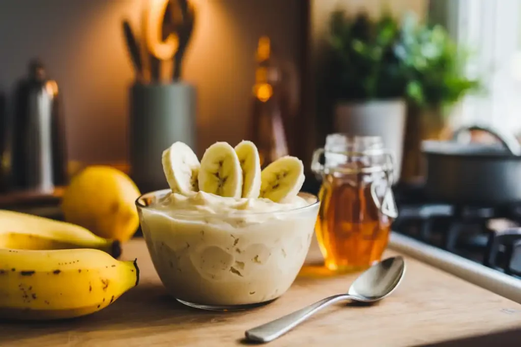 Fresh banana pudding with vibrant banana slices, lemon, and honey.