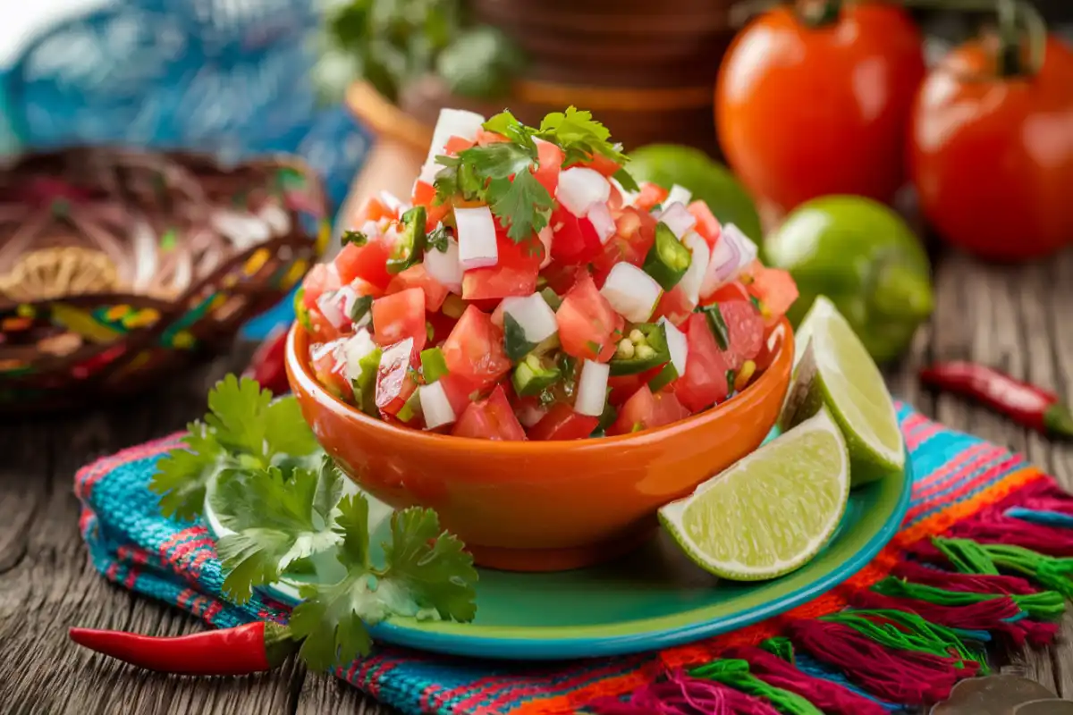 A bowl of fresh pico de gallo with diced tomatoes, onions, cilantro, and jalapeños, showcasing traditional Mexican salsa with vibrant colors.