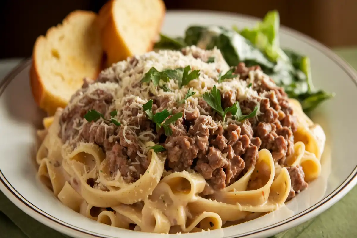 Creamy Ground Beef Alfredo with fettuccine, garnished with Parmesan and parsley, served with garlic bread and salad.