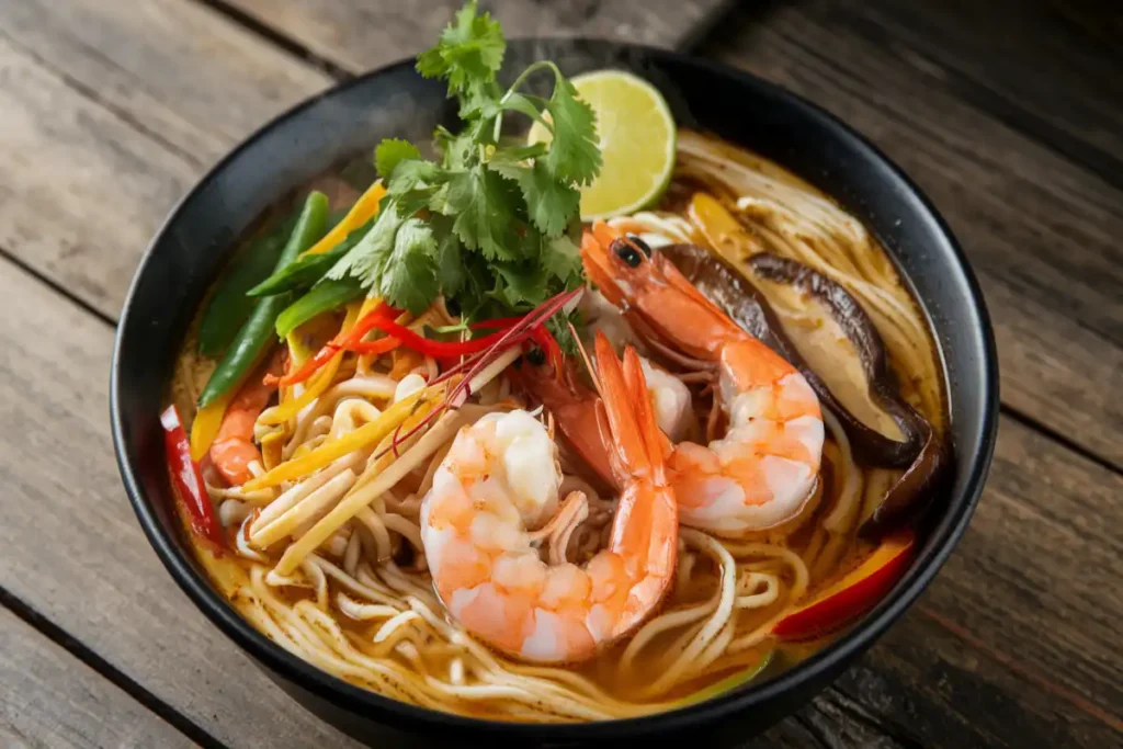 A bowl of Mama noodles with shrimp, garnished with cilantro and lime, on a wooden table.