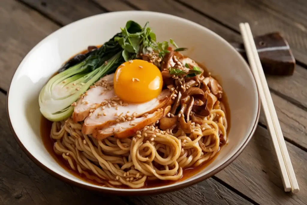 A bowl of perfectly cooked noodles topped with a soft-boiled egg, fresh vegetables, and shrimp on a rustic table.