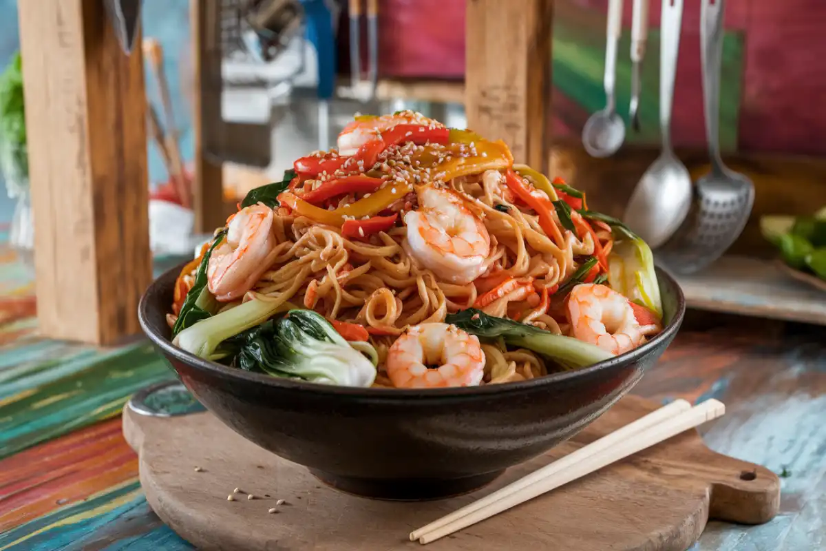 Stir-fried shrimp noodles with vegetables and garlic soy sauce