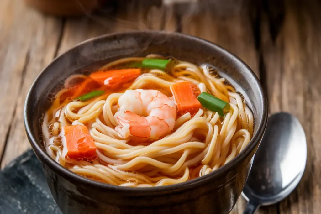 Steaming bowl of shrimp cup noodles with shrimp and vegetables