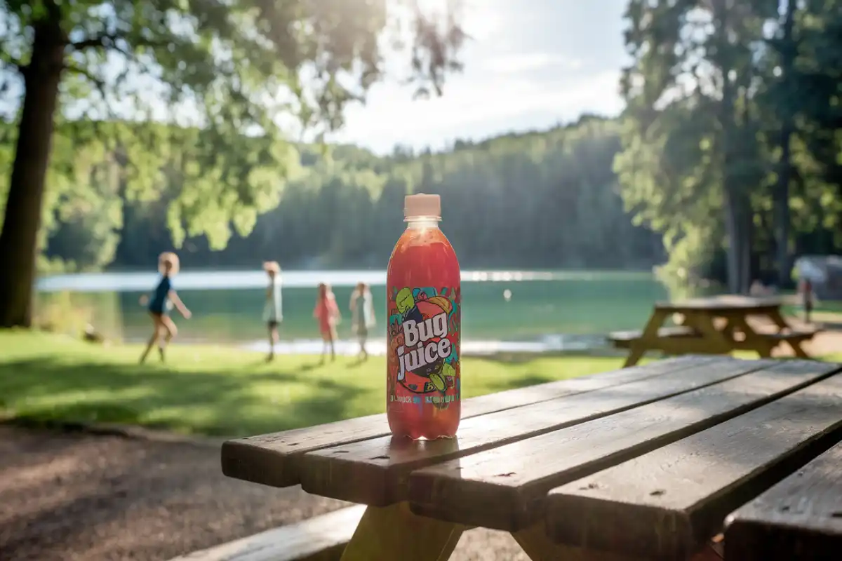 Bright Bug Juice bottle on a picnic table at a summer camp.