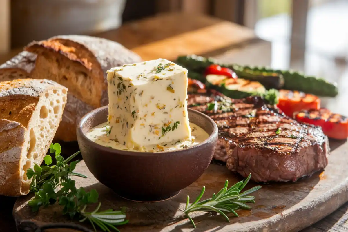 A bowl of cowboy butter with herbs, served with grilled steak and bread on a rustic wooden board.