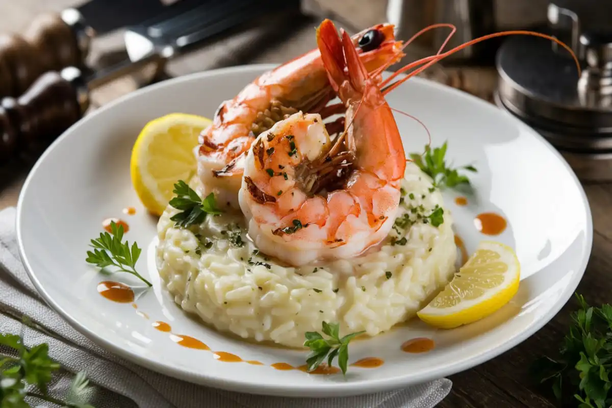 Grilled shrimp garnished with parsley and lemon, served with creamy risotto in Gordon Ramsay style.