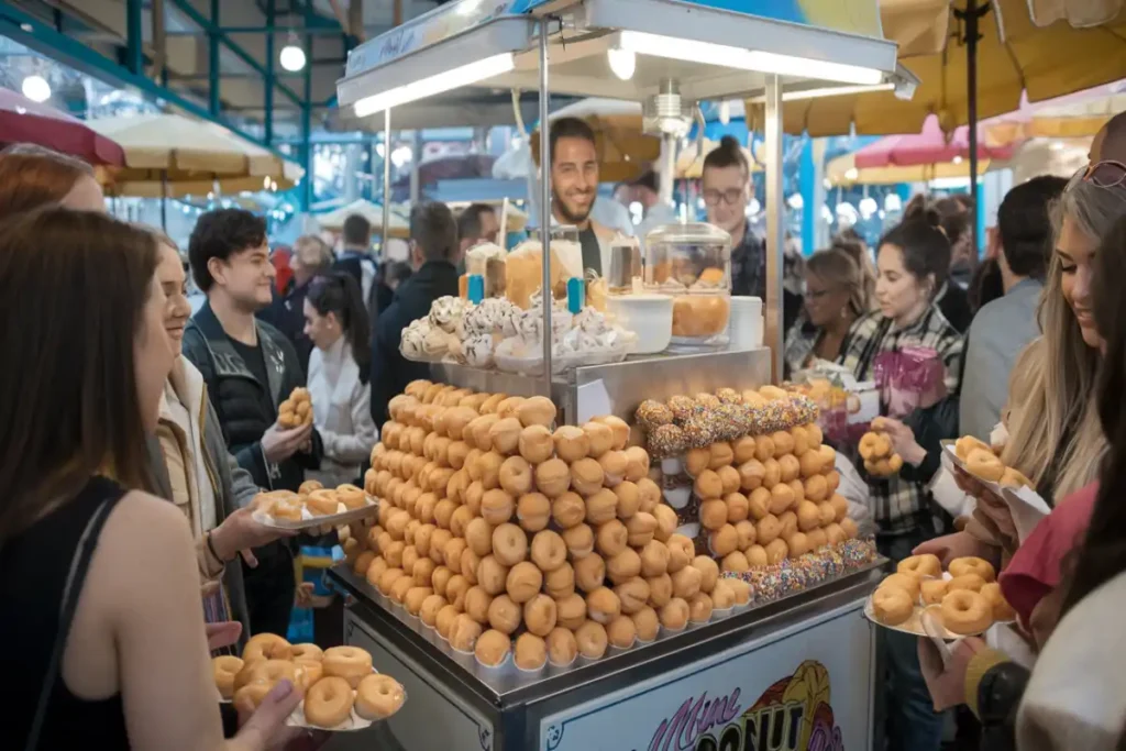 A mobile mini donut food cart at a local fair with freshly made mini donuts