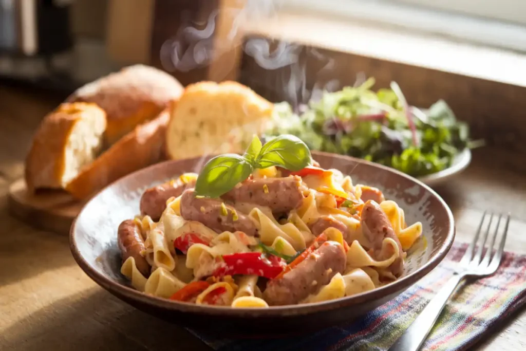 Bratwurst pasta with leftover bratwurst, creamy sauce, and colorful vegetables