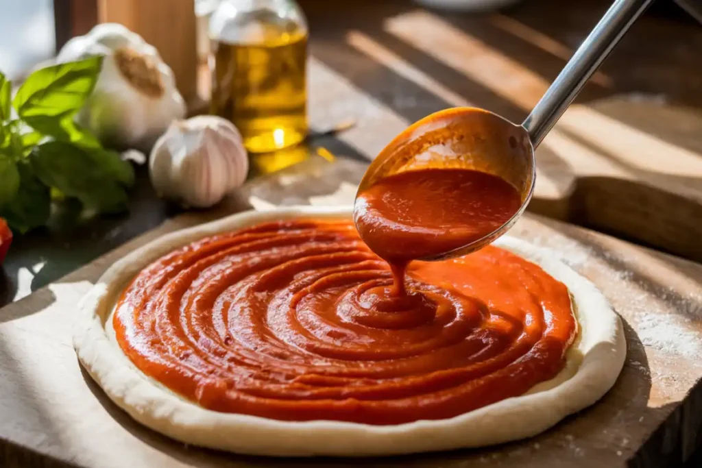 Pizza with passata sauce being spread on dough, surrounded by fresh basil and garlic in a rustic kitchen setting.