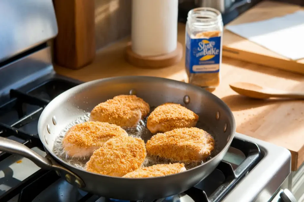 Chicken frying in a pan with Shake and Bake coating, with seasoning jar in the background.