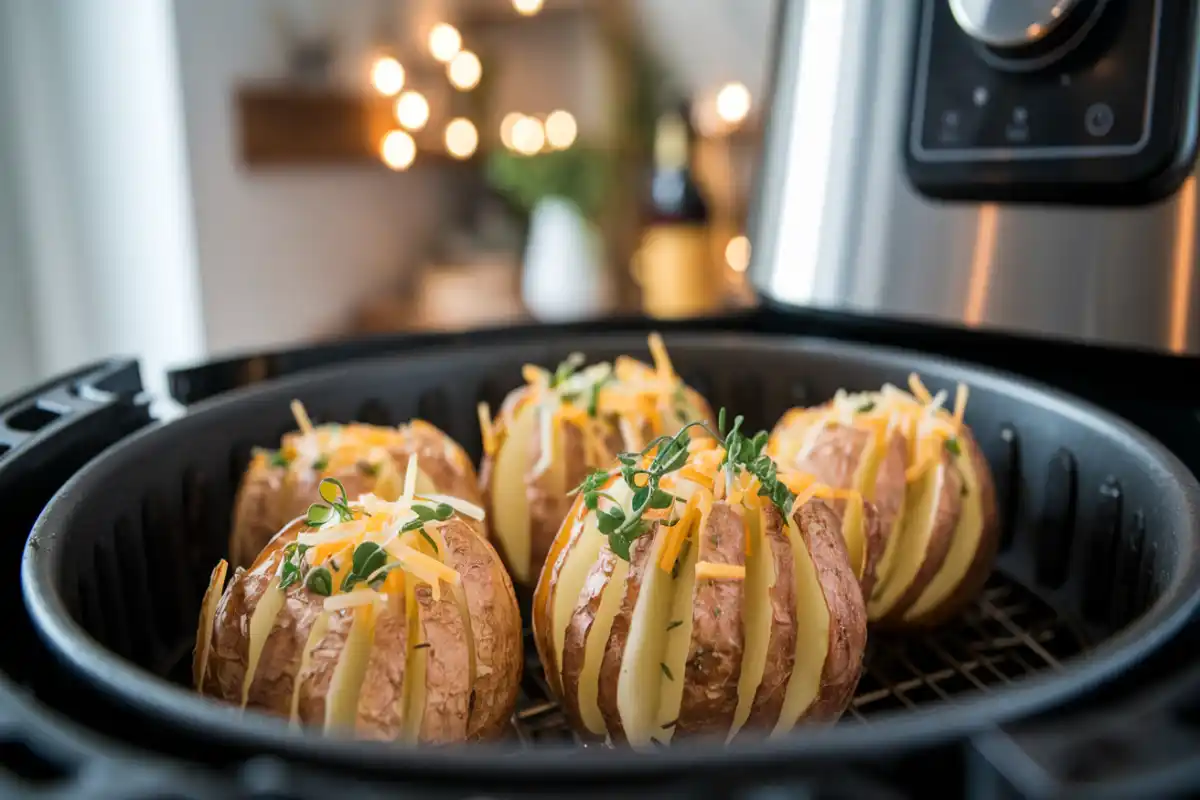 Ore Ida Crispy Crowns cooking in an air fryer