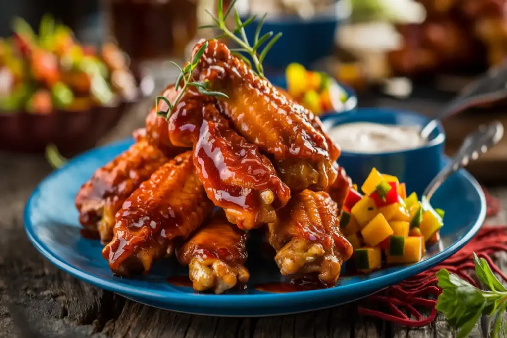 Spicy devil wings chicken with ranch dressing and mango salsa on a rustic table.